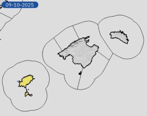 Mapa de Ibiza y Formentera con alerta amarilla por lluvias