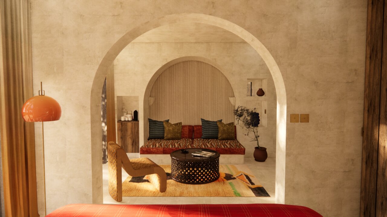 Interior de una suite junior en el hotel Nômade Temple Ibiza