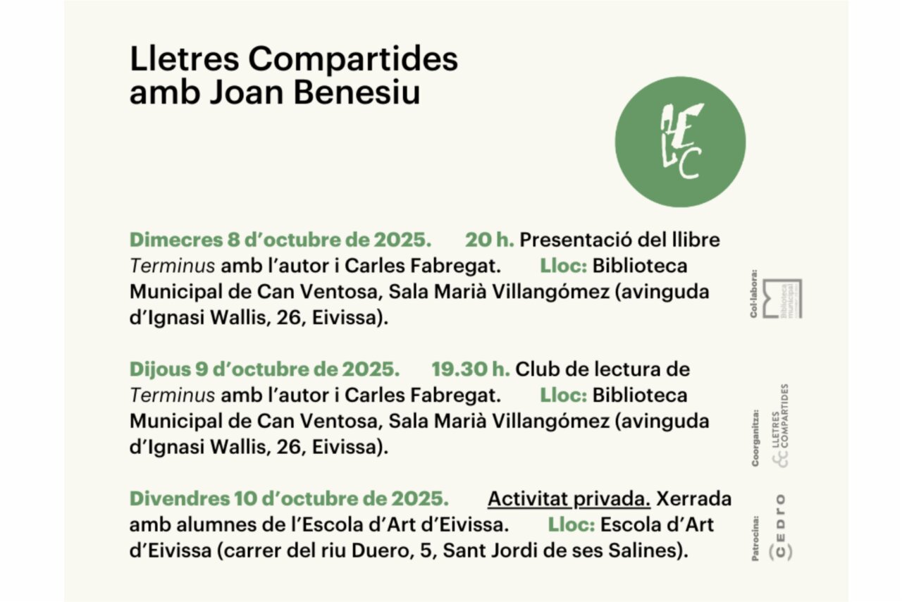Cartel del evento Lletres Compartides con Joan Benesiu en la Biblioteca de Can Ventosa