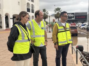 Tres personas con chalecos reflectantes observando una inundaci&oacute;n.