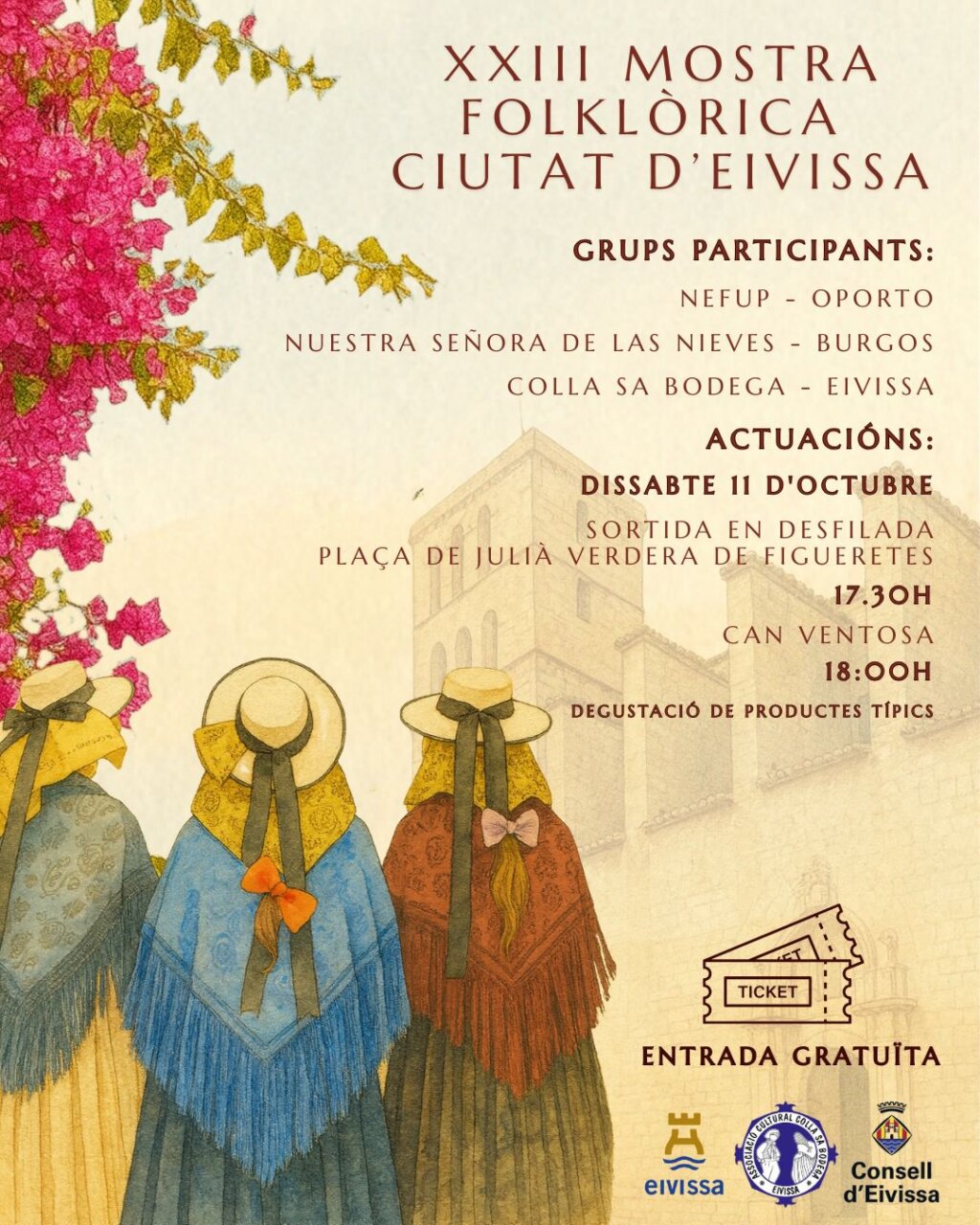 Cartel del espectáculo folclórico en Ibiza con detalles de participantes y horarios