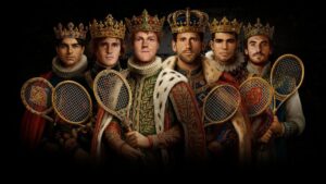 Seis tenistas vestidos como reyes con raquetas en un fondo oscuro