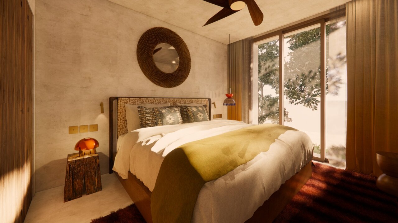 Habitación estándar del nuevo hotel Nômade Temple en Ibiza con decoración moderna.