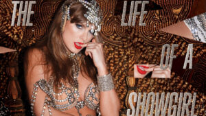 Taylor Swift posando con joyas y labios rojos en su álbum The Life of a Showgirl