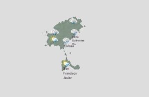 Mapa de Ibiza mostrando previsiones de tormenta y lluvias