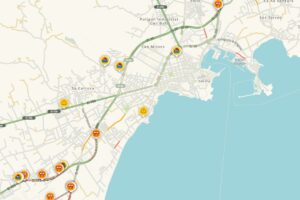 Mapa de tráfico en la app Waze mostrando cortes en Ibiza