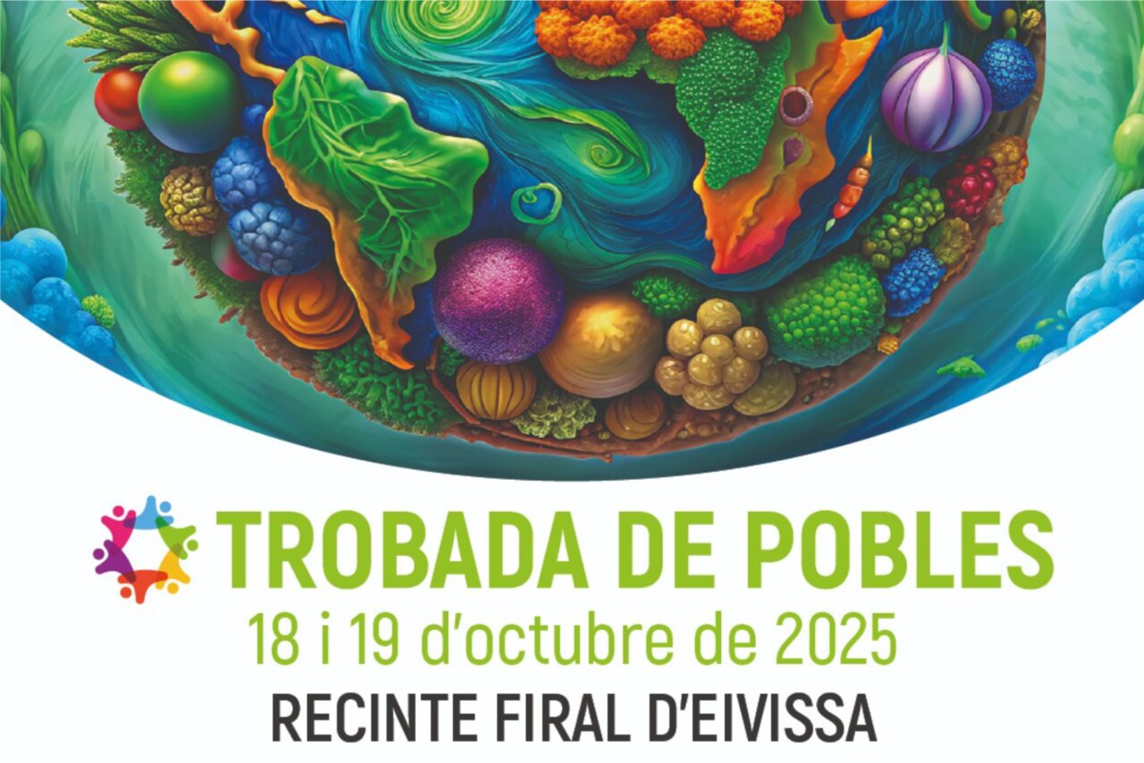 Cartel de la Trobada de Pobles en Ibiza con elementos coloridos
