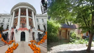 Decoraciones de Halloween instaladas en la Casa Blanca (izquierda); la casa de la infancia de Trump en Nueva York (derecha).