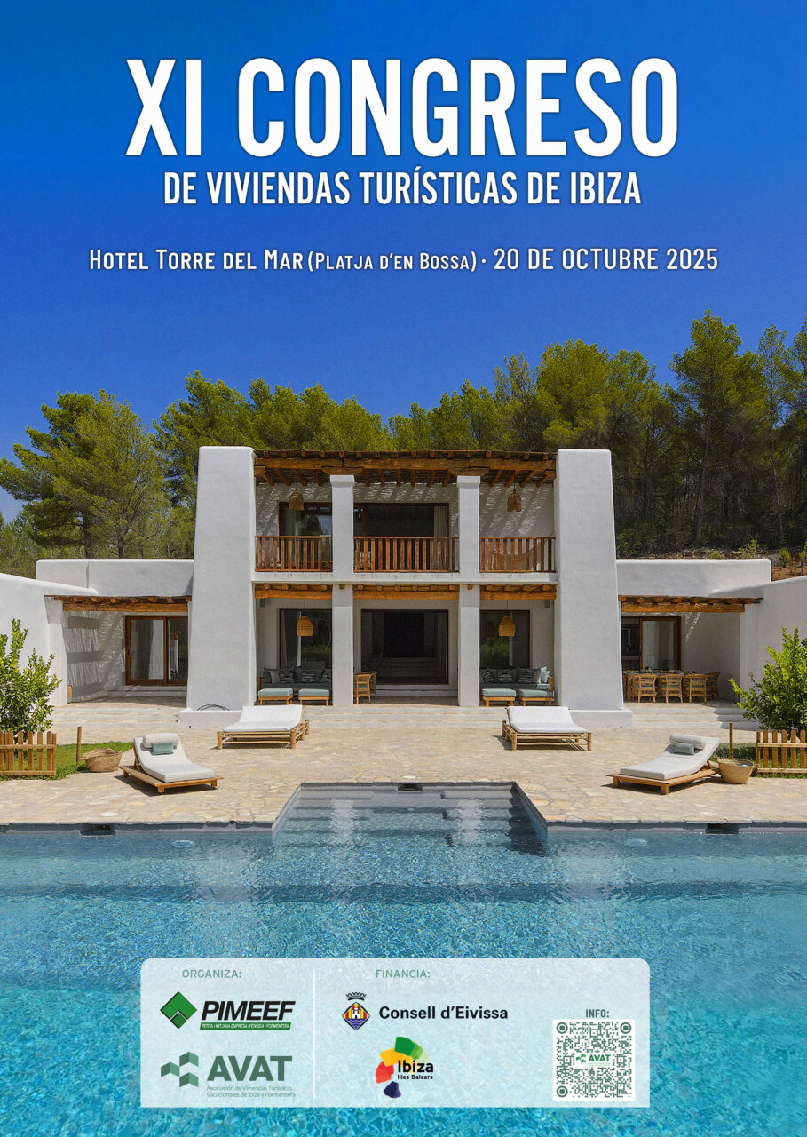 Póster del XI Congreso de Viviendas Turísticas en Ibiza con hotel y piscina