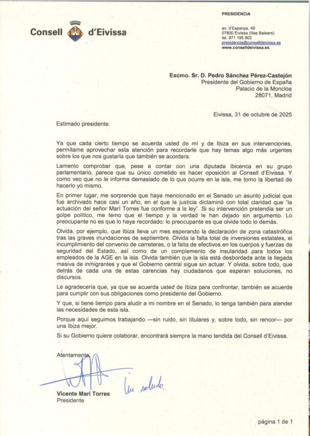 Carta de Vicent Marí a Pedro Sánchez reproducida por Periódico de Ibiza.