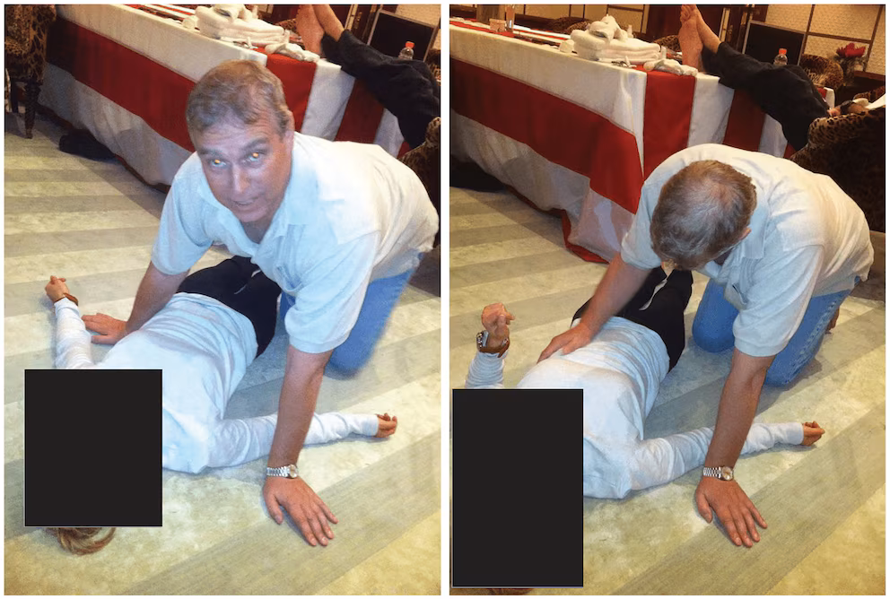 El pr&iacute;ncipe Andr&eacute;s aparece arrodillado junto a una mujer en unas im&aacute;genes hechas p&uacute;blicas por el Departamento de Justicia de Estados Unidos