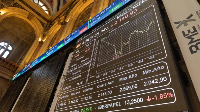 Panel del Ibex 35 en el Palacio de la Bolsa