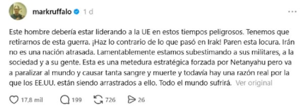 El mensaje de Mark Ruffalo en apoyo a Pedro S&aacute;nchez