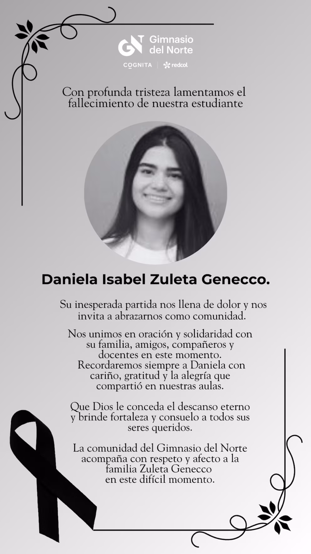La comunidad educativa del Gimnasio del Norte lament&oacute; el fallecimiento de Daniela Zuleta Gnecco