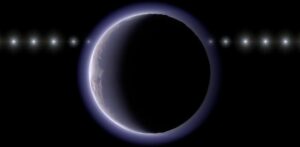 Representación artística del momento en que el objeto (612533) 2002 XV93 oculta una estrella situada al fondo del espacio