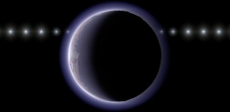 Representaci&oacute;n art&iacute;stica del momento en que el objeto (612533) 2002 XV93 oculta una estrella situada al fondo del espacio