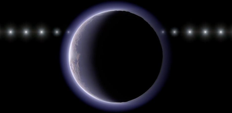Representaci&oacute;n art&iacute;stica del momento en que el objeto (612533) 2002 XV93 oculta una estrella situada al fondo del espacio