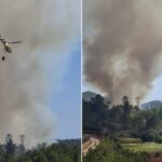 Dos helic&oacute;pteros y unos 20 bomberos intentan controlar un incendio forestal en Cala Llonga