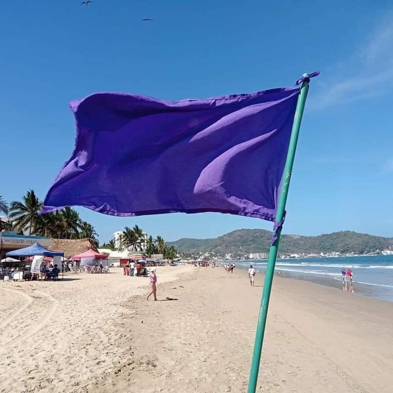 Bandera violeta en la playa
