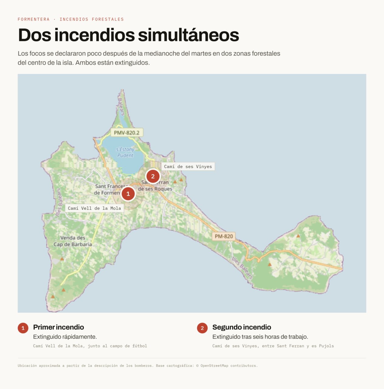 Ubicación aproximada de los incendios simultáneos de esta noche en Formentera.